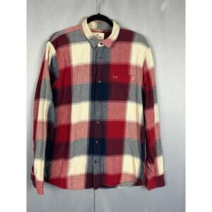 Hollister Red Blue Cream Plaid Cotton Button Up Flannel Shirt Retro Preppy L MEN